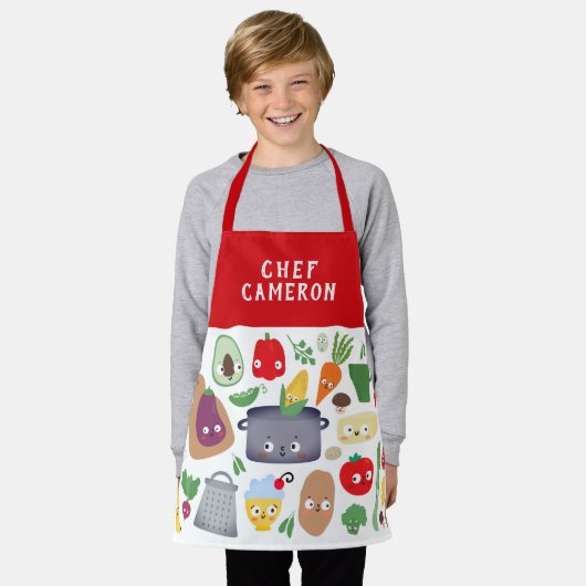 野菜おもしろいフルーツ顔シェフキッズ エプロン (着用した状態)