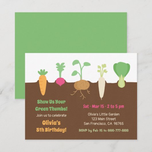 野菜が土の中で育つ子供のガーデンパーティーの誕生日 招待状 (正面/裏面)