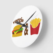 野菜のハンバーガーおよび揚げ物 ラウンド壁時計 (傾斜)