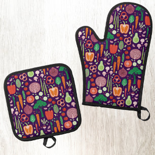 野菜のフードパターン濃色 鍋つかみ&鍋敷きセット