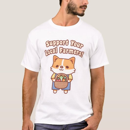 野菜を持つかわいいコーギー 地元農場を応援しよう Tシャツ (正面)