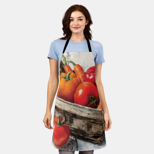 野菜絵を描籠の水色 エプロン (着用した状態)