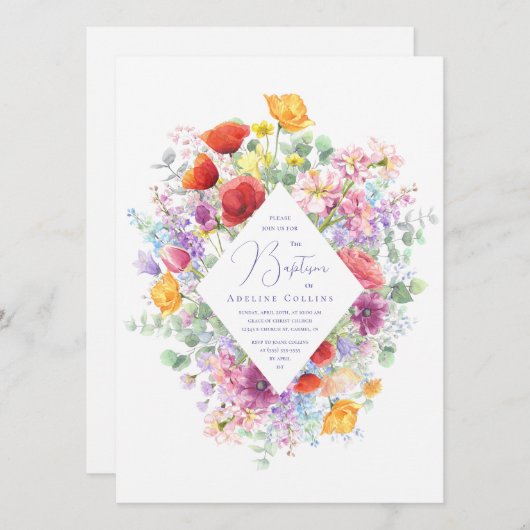 野鮮やか花シンプルフローラ洗礼 招待状 (正面/裏面)