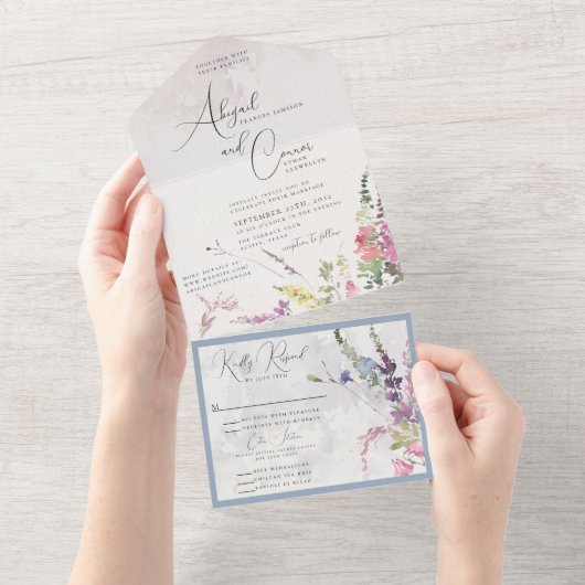 野鮮やか花桃色バイオレットイエロー オールインワン招待状 (貼ってはがせる)