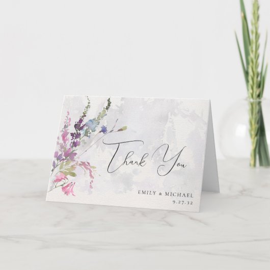 野鮮やか花桃色バイオレットイエロー サンキューカード (正面)