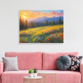 野鮮やか草花開花草原に夕日 キャンバスプリント (インサイチュ (リビング))