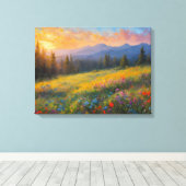 野鮮やか草花開花草原に夕日 キャンバスプリント (インサイチュ (ウッドフロア))