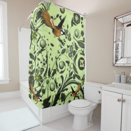 野鳥の緑のショーカーテン シャワーカーテン (インサイチュ)