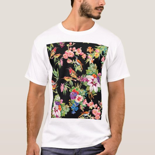 野鳥の花:黒ヴィンテージ Tシャツ (正面)