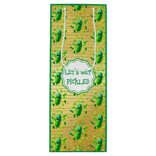 金おもしろいの背景の緑の漬物 ワインギフトバッグ (正面)