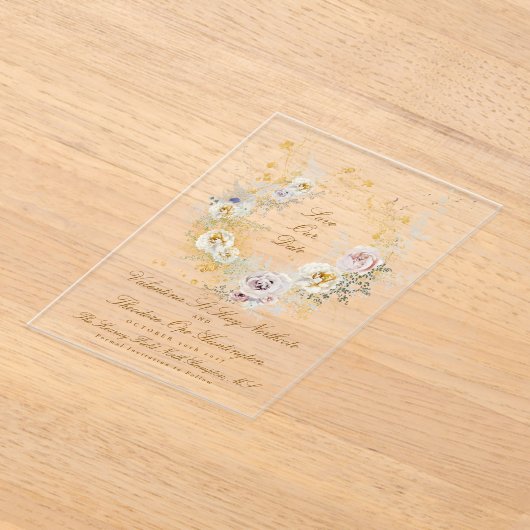 金お洒落のフローラリース写真の保存日付 アクリル招待状 (レイダウン)