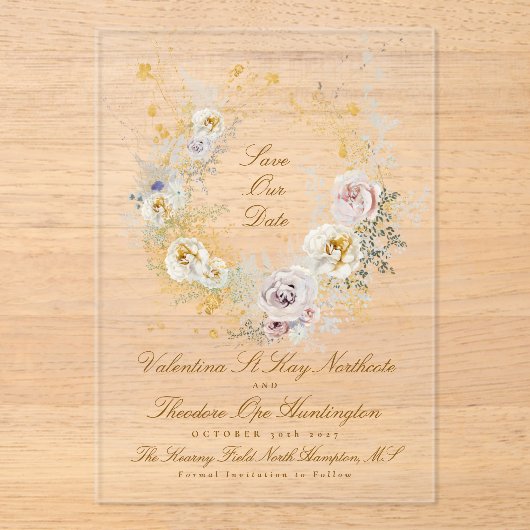 金お洒落のフローラリース写真の保存日付 アクリル招待状 (正面)