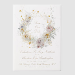 金お洒落のフローラリース写真の保存日付 ベラム紙招待状