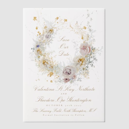 金お洒落のフローラリース写真の保存日付 ベラム紙招待状 (正面)