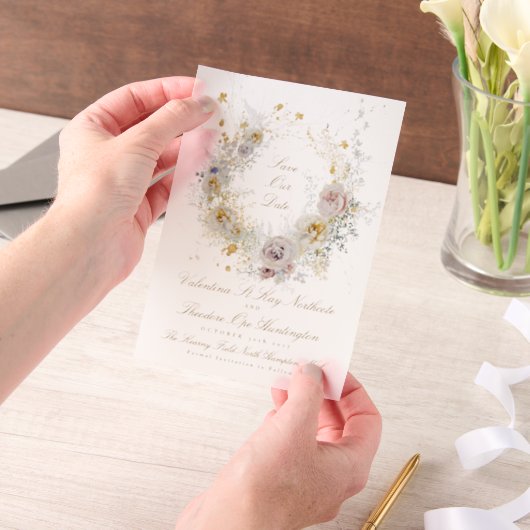 金お洒落のフローラリース写真の保存日付 ベラム紙招待状 (ポータブル)