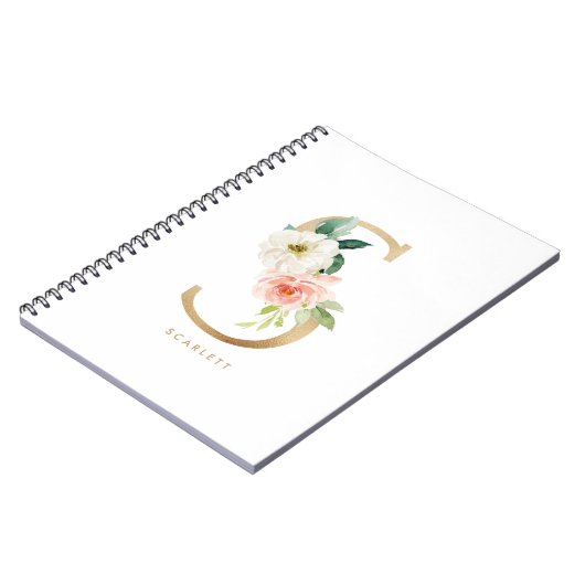 金かわいらしフェイク箔フローラ文字Aモノグラム ノートブック (左側)