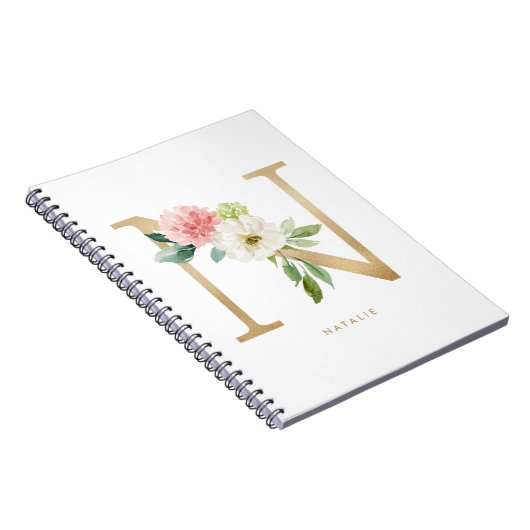 金かわいらしフェイク箔フローラ文字Nモノグラム ノートブック (右側)