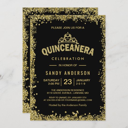 金が輝くクラウンのキンセアニエラ 15歳の誕生日 招待状 (正面/裏面)