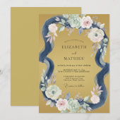 金とインディゴの芍薬の結婚式 招待状 (正面/裏面)