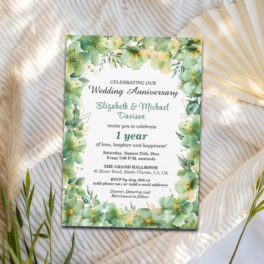金とターコイズブルーの花模様の結婚1周年記念 招待状