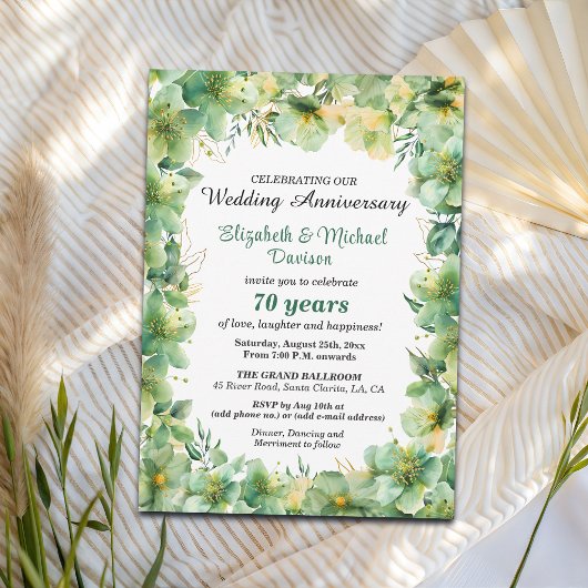 金とターコイズブルーの花模様の70回目の結婚記念日 招待状