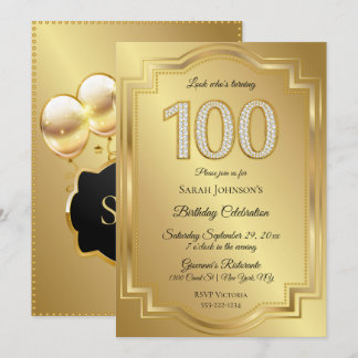 金とダイヤモンドの100歳の誕生日お祝い 招待状
