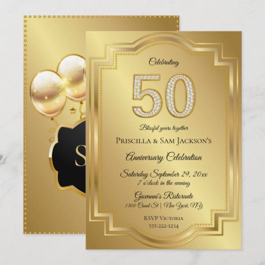 金とダイヤモンドの50歳の誕生日記念日 招待状 (正面/裏面)