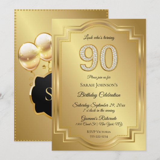 金とダイヤモンドの90歳の誕生日記念日 招待状 (正面/裏面)