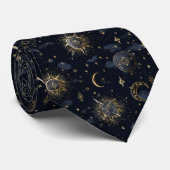 金とネイビーの天体月と星 ネクタイ (ロール)
