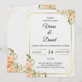 金と桃の花の結婚式招待状 招待状 (正面/裏面)