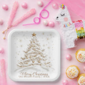 金と白のクリスマスツリーと家族の名前 ペーパープレート (パーティー)