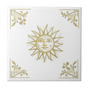 金と白のデルフト風の顔つきの天体太陽 タイル