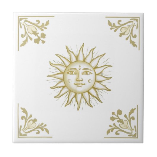金と白のデルフト風の顔つきの天体太陽 タイル (正面)