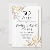 金と白のフラワーモチーフの結婚50周年記念パーティー招待状 招待状 (正面)