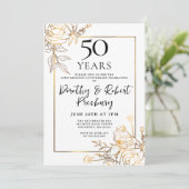 金と白のフラワーモチーフの結婚50周年記念パーティー招待状 招待状 (スタンド正面)