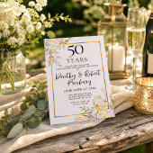 金と白のフラワーモチーフの結婚50周年記念パーティー招待状 招待状