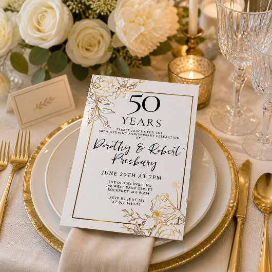金と白のフラワーモチーフの結婚50周年記念パーティー招待状 招待状