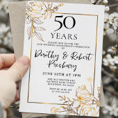 金と白のフラワーモチーフの結婚50周年記念パーティー招待状 招待状