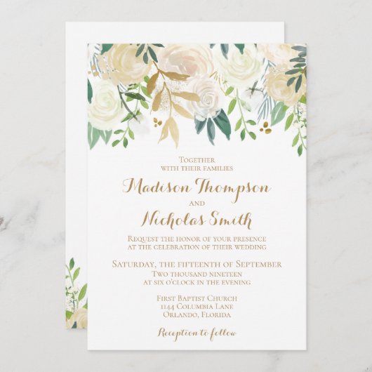 金と白の花のウェディング・招待状カード 招待状 (正面/裏面)