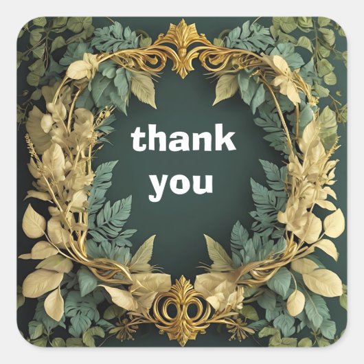 金と緑の葉がフレームにお礼 スクエアシール (正面)