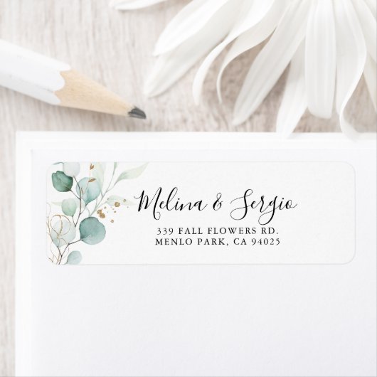 金と緑の葉のウェディング リターンアドレスラベル ラベル (インサイチュ)