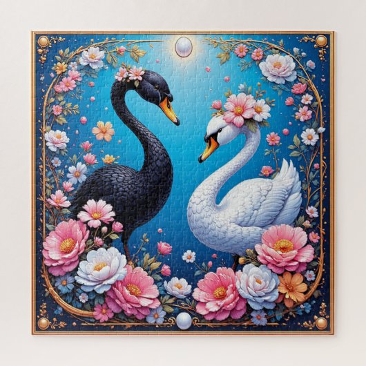 金と花で縁取られたウェディングスワン ジグソーパズル (縦)