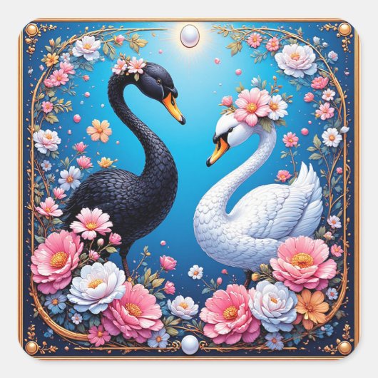 金と花で縁取られたウェディングスワン スクエアシール (正面)