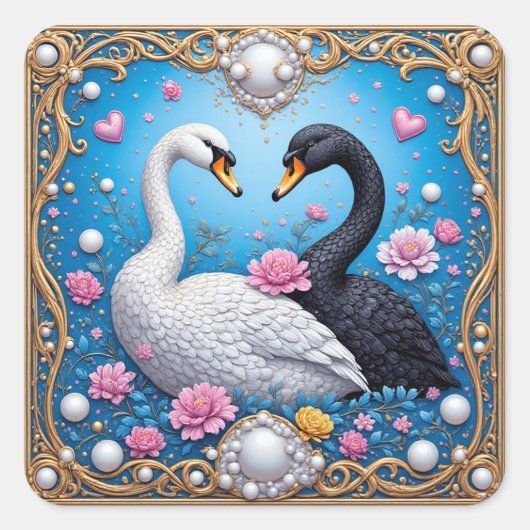 金と花で縁取られたウェディングスワン スクエアシール (正面)