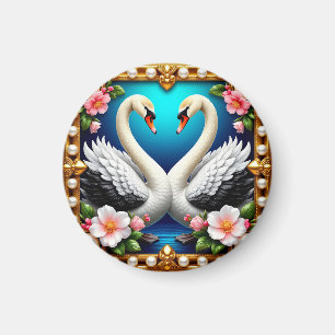 金と花で縁取られたウェディングスワン マグネット