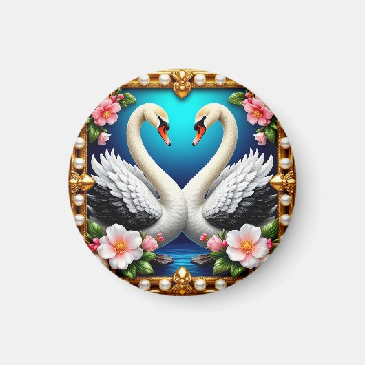 金と花で縁取られたウェディングスワン マグネット (正面)