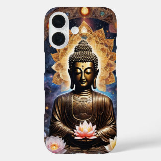 金と蓮の装飾が施されたエンジェル・仏陀の瞑想デザインのカバー iPhone 16ケース