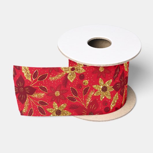 金と赤のクリスマスポインセチアの花 サテンリボン (リール)