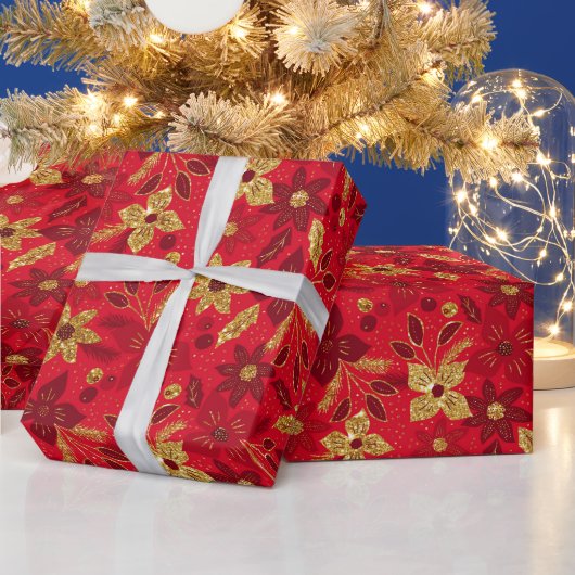 金と赤のクリスマスポインセチアの花 ラッピングペーパー (クリスマス)