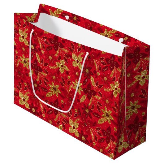 金と赤のクリスマスポインセチアの花 ラージペーパーバッグ (正面アングル)